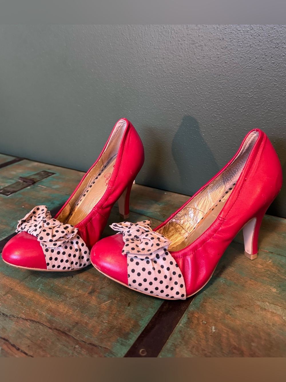 Seychelles Red Leather Pumps with Polka Dot Bow